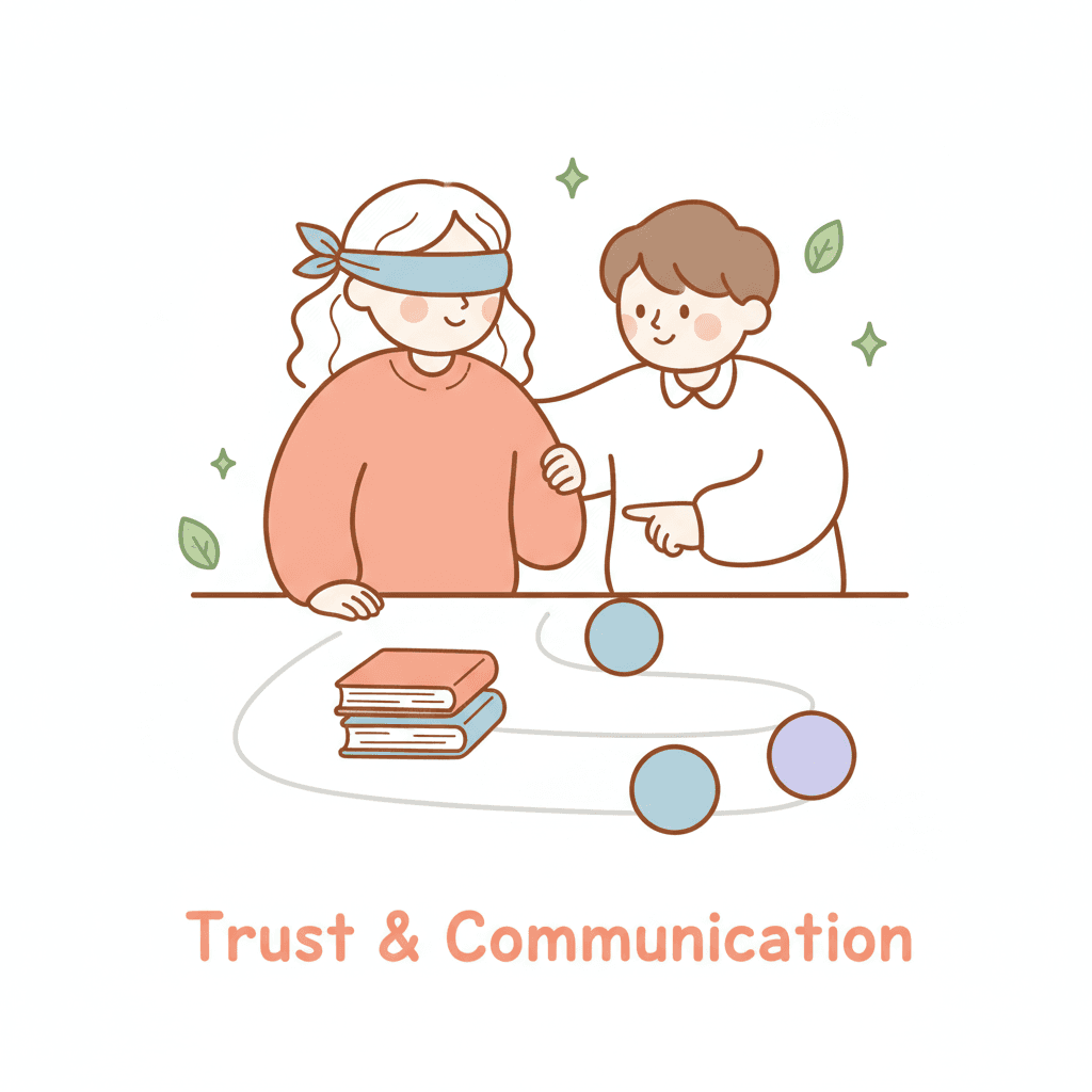 Illustration of a student guiding a blindfolded partner