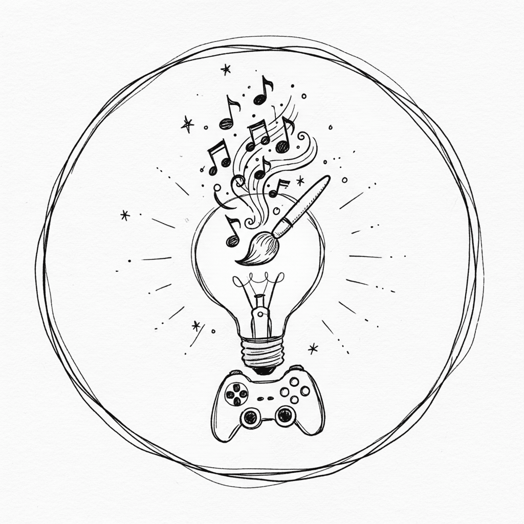 Black and white sketch of creative game elements