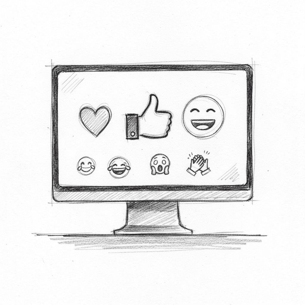 Black and white sketch of emoji reactions on a screen