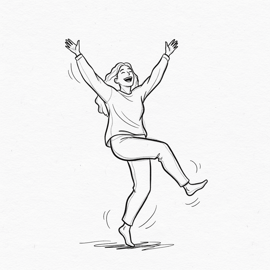Black and white sketch of person dancing energetically