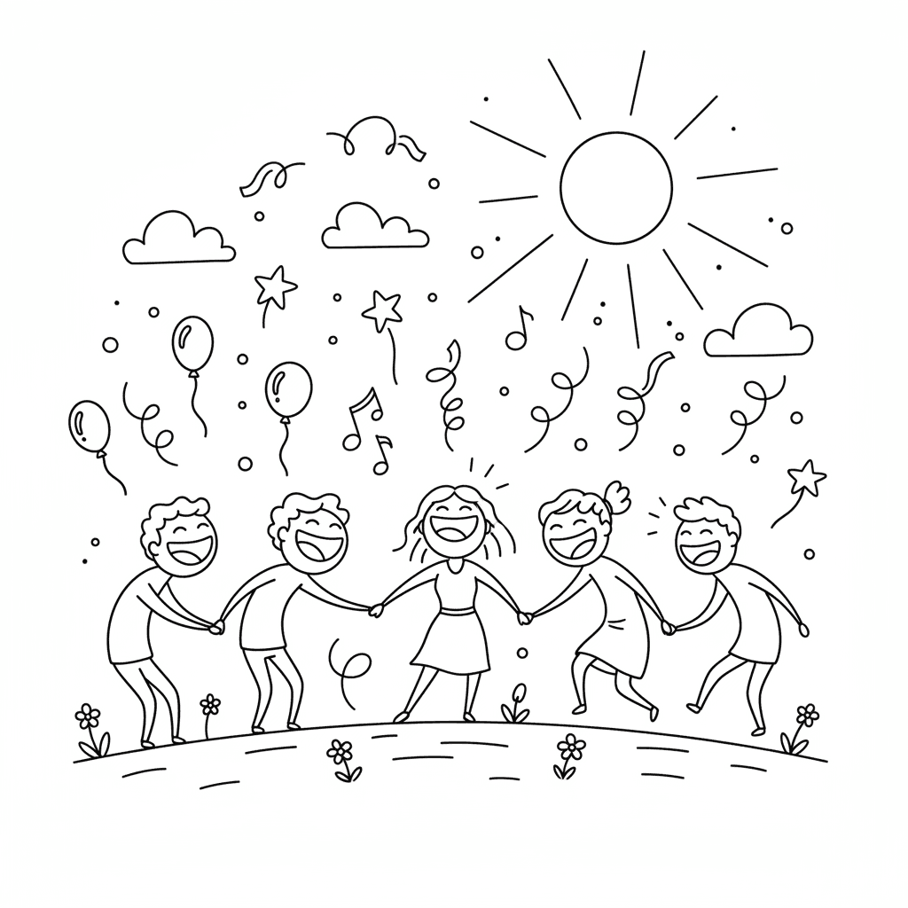 Black and white sketch of playful team activities