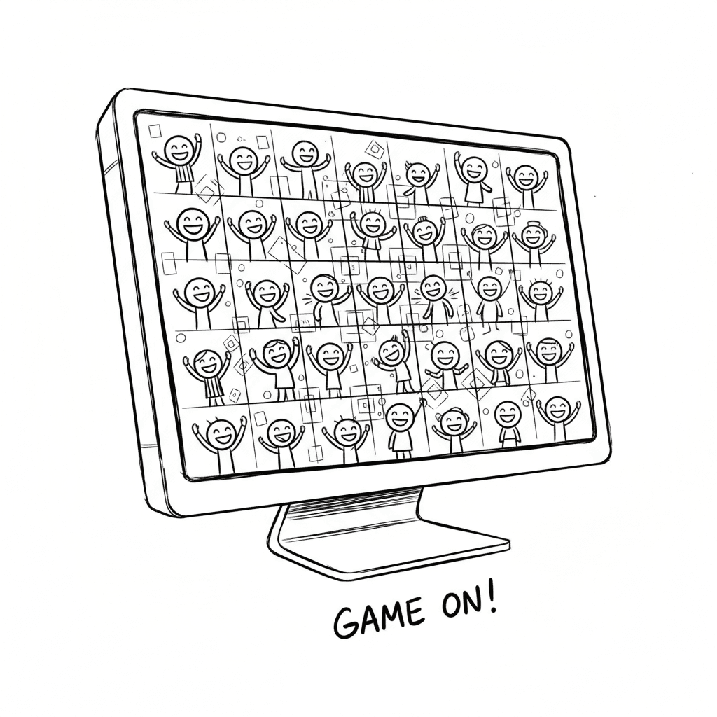 Black and white hand-drawn illustration of fun virtual meeting interaction