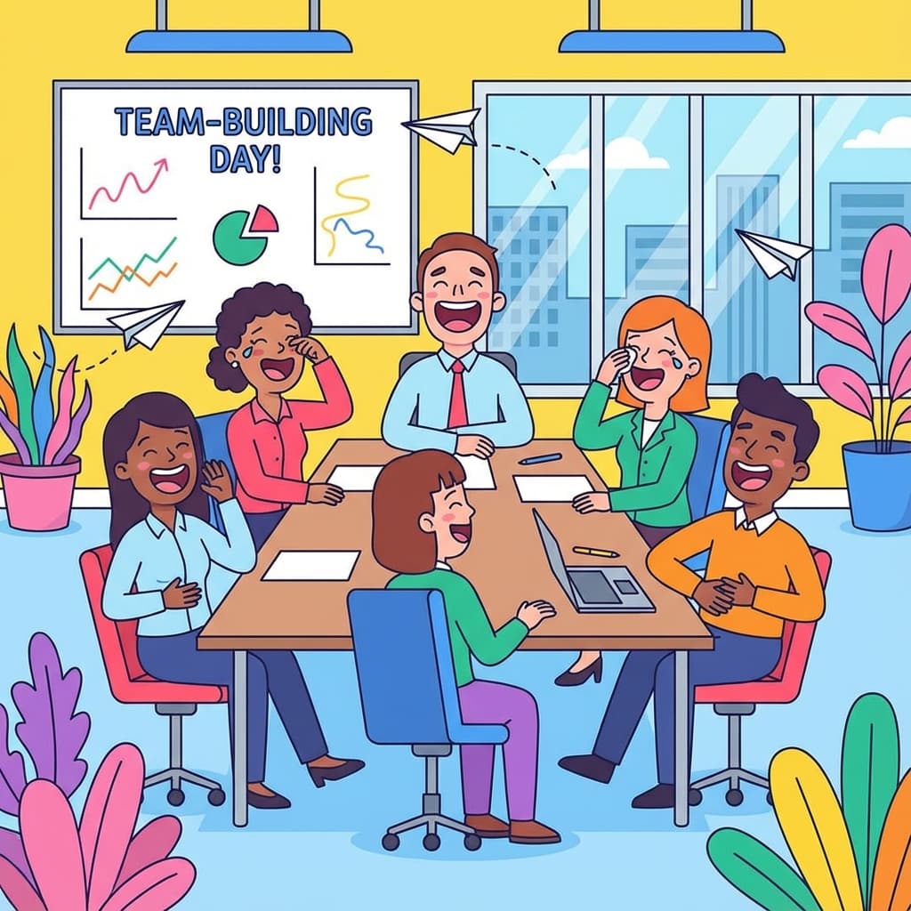 Illustration of coworkers laughing together during a meeting