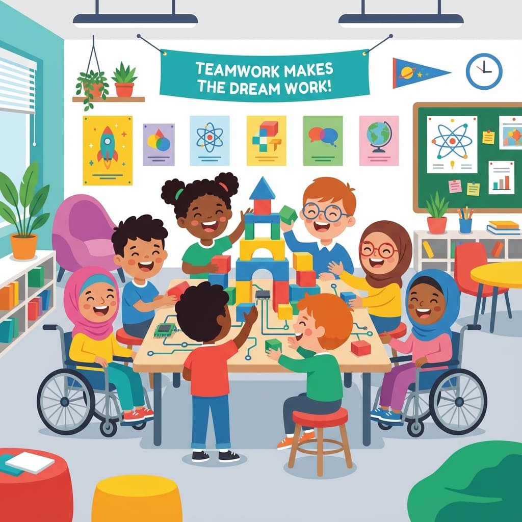 Illustration of diverse students laughing and playing games in a classroom