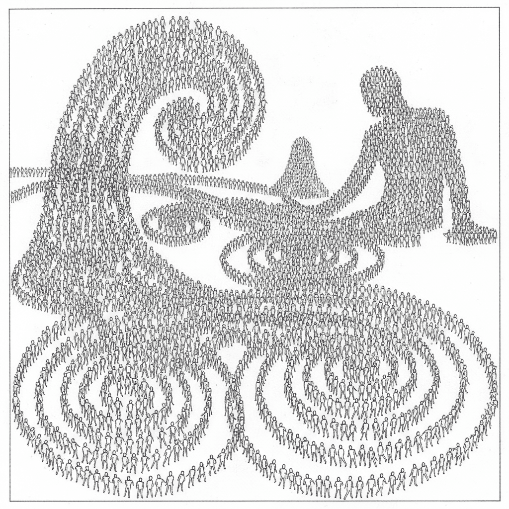 Black and white hand-drawn illustration of large group activity