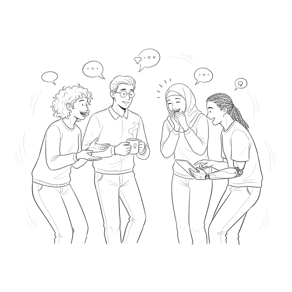 Black and white hand-drawn illustration of team members engaging in conversation
