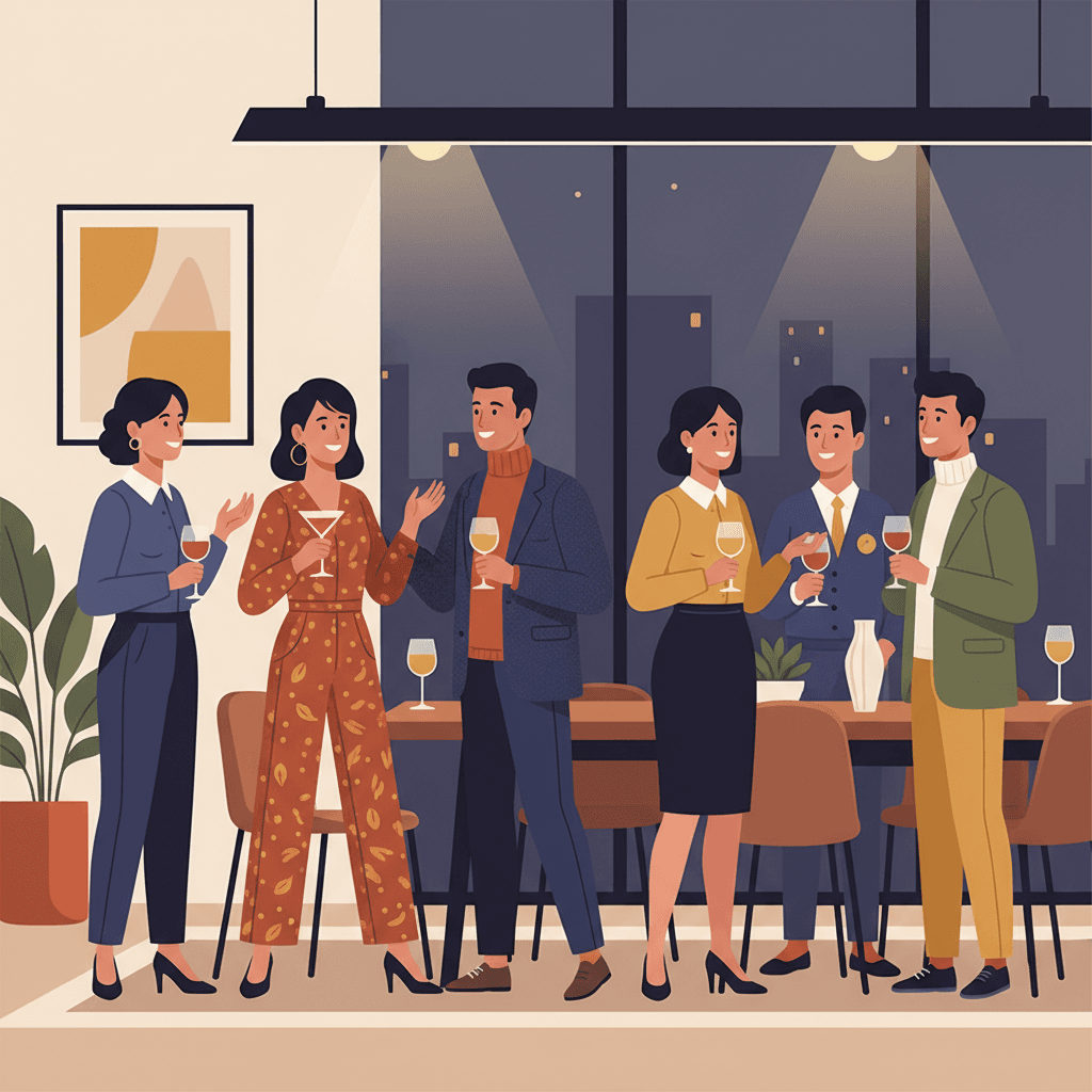 Illustration of diverse adults engaging in lively conversation