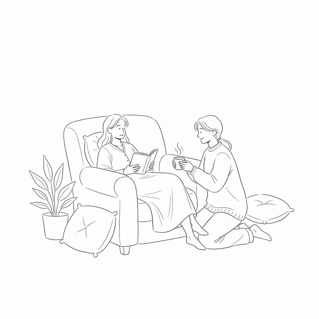 Black and white hand-drawn illustration of comfortable team interaction