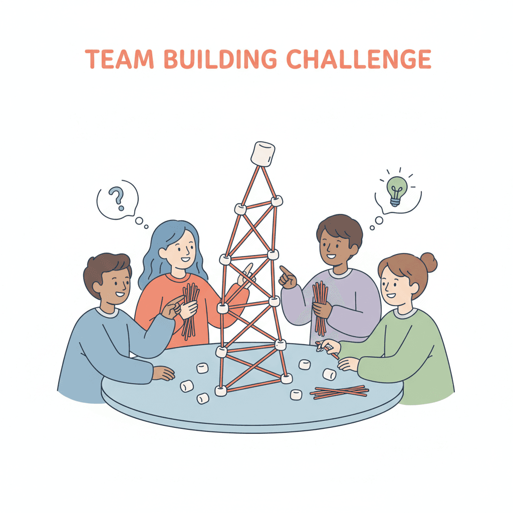 Illustration of students building a spaghetti tower