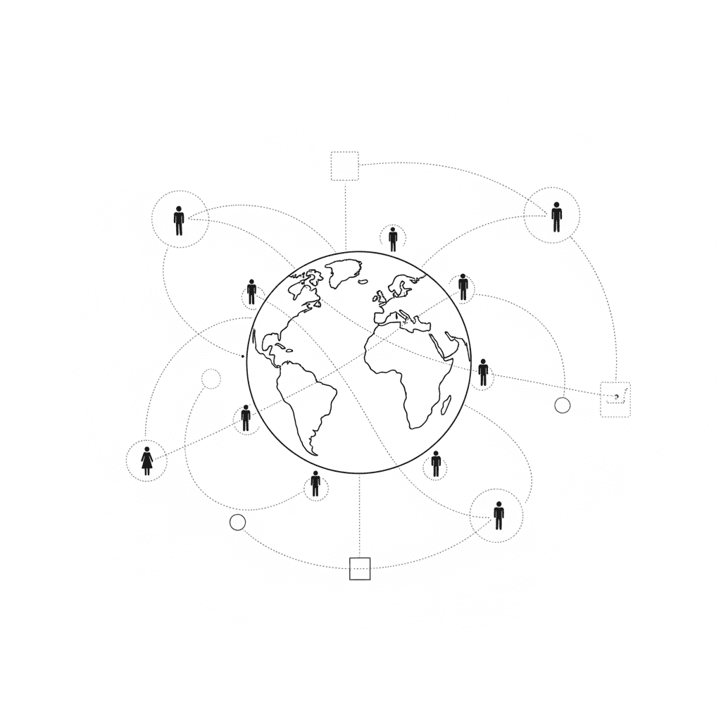 Black and white hand-drawn illustration of remote team culture concepts