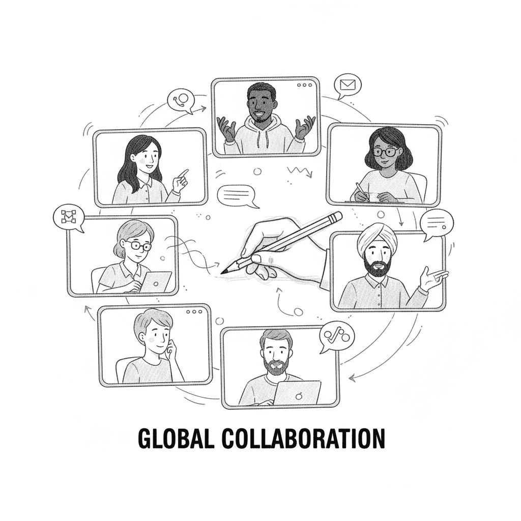 Black and white hand-drawn illustration of remote team members on video calls