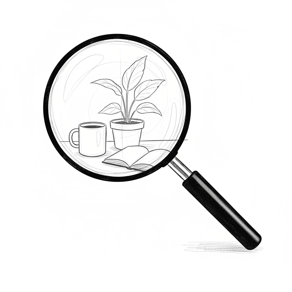 Black and white hand-drawn illustration of magnifying glass and items