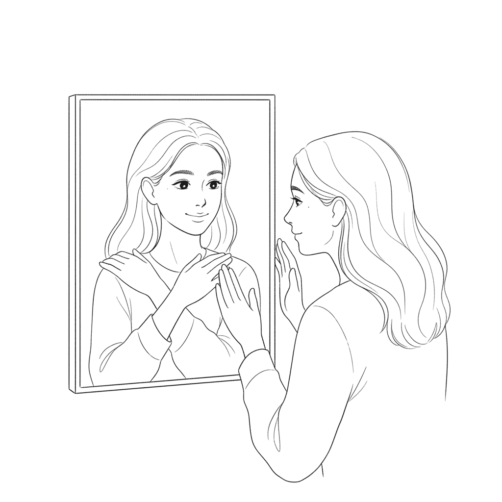 Black and white hand-drawn illustration of person showing self-compassion