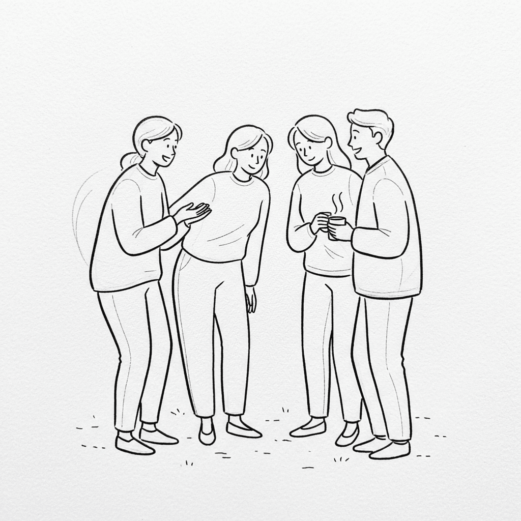 Black and white sketch of team members in friendly conversation