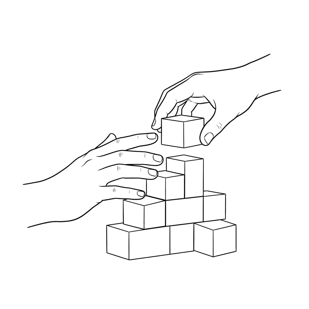 Black and white hand-drawn illustration of hands connecting or building blocks