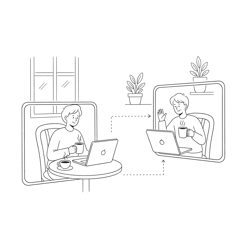 Black and white sketch of virtual coffee chat