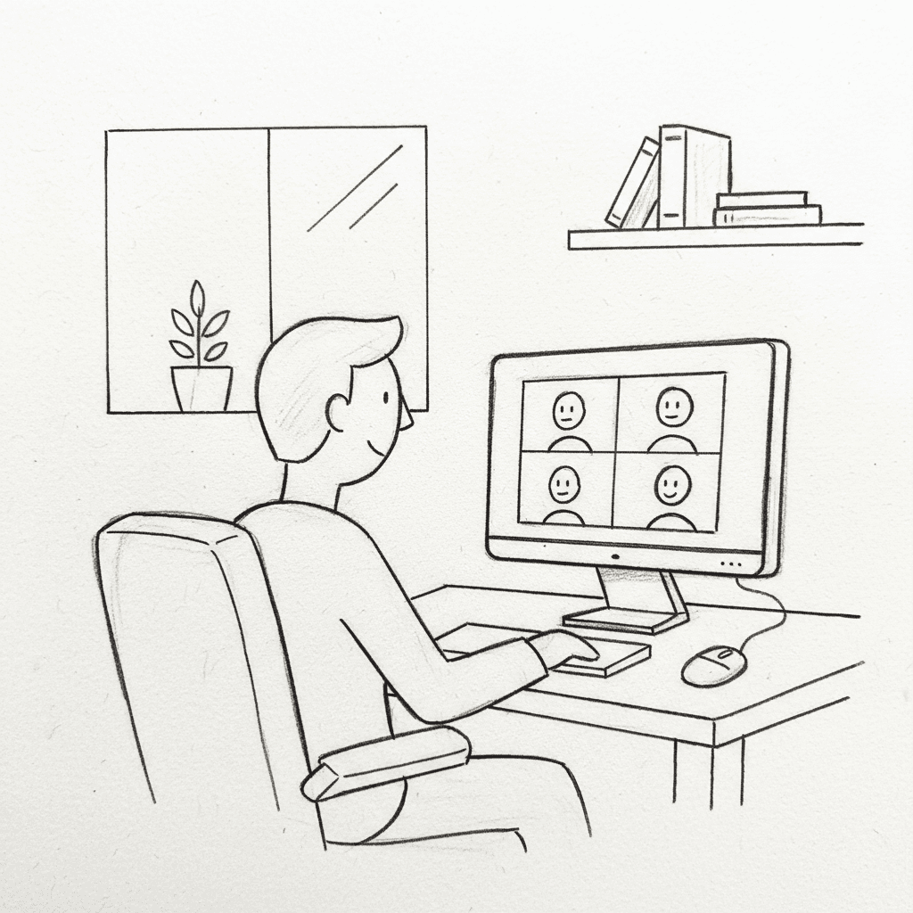 Black and white sketch of virtual meeting setup