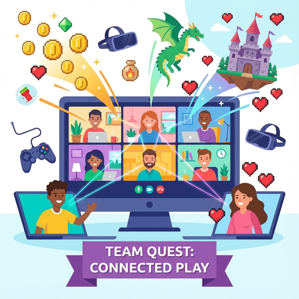 Illustration of remote team connecting via video call with game elements