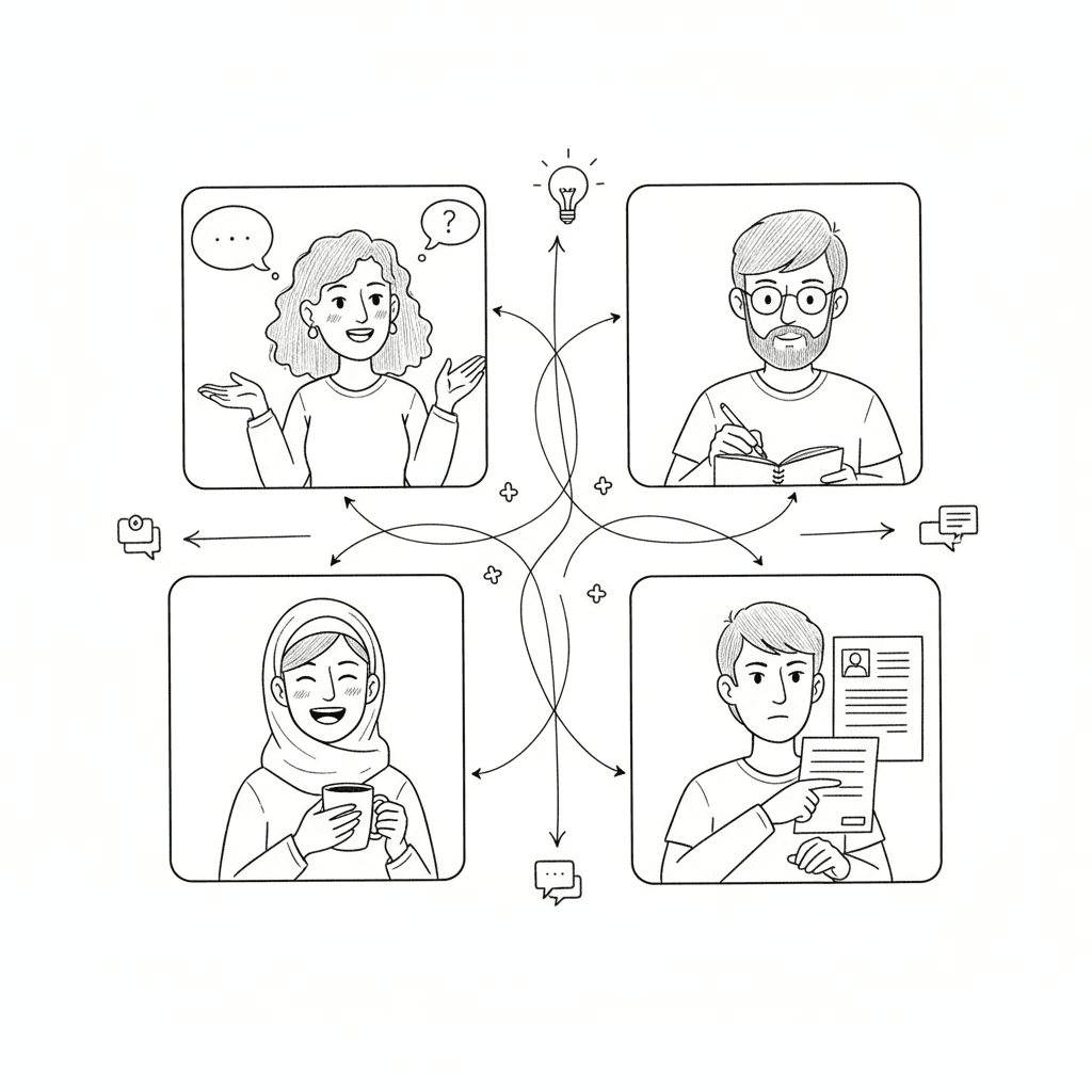 Black and white hand-drawn illustration of virtual team collaboration