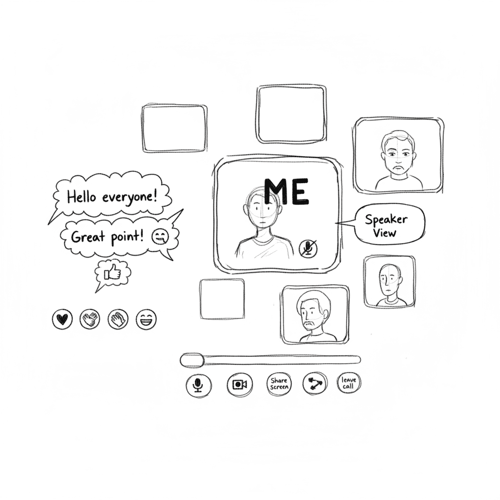 Black and white hand-drawn illustration of Zoom interface elements